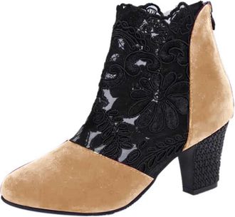 Generic Ankle Boots for Women UK Lace Floral Mesh Suede Chunky Ankle Boots Back Zip Breathable Non Slip Block Heeled Booties Lace Flower Womens Mesh Boots Chu