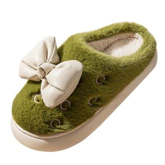 Generic Womens Spring And Winter Bow Home Slippers Thick Sole Lightweight Warm Non Home Cotton Slippers House Slippers with Rubber Soles for Women (Green, 4)