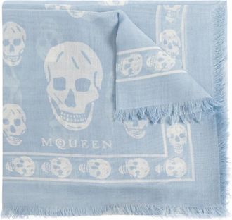 Alexander McQueen skull-print fringed scarf - men - Modal/Silk - One Size - Blue