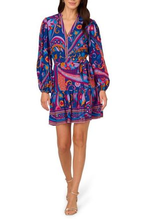 Adrianna Papell Print Tie Waist Long Sleeve Dress in Blue Multi at Nordstrom, Size 10