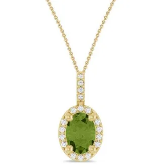 Allurez Oval Lab Peridot & Diamond Halo Pendant Necklace 14K in 0.95Ct/yellow Gold at Nordstrom, Size 18