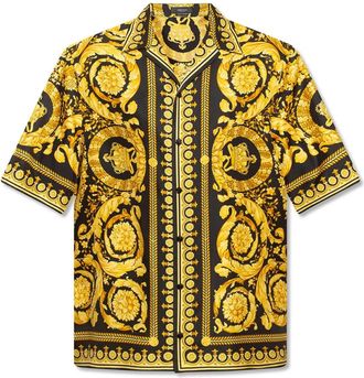Versace Zijden shirt - Heren - Korte mouwen Overhemden - Geel - S - Overhemden