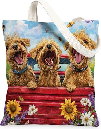 Generic Spring Pomeranian Dog Canvas Tote Bag for Shopping 13x15, Truck Garden Daisy Scenic Puppy Reusable Grocery Print Bag for Women, Pet Beach Aesthetic Pa