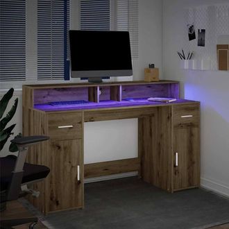 Berkfield Home Soft Desk with LED Lights Artisian Oak 140x55x91 cm Engineered Wood in Brown | Size: 140 x 55 x 91 cm