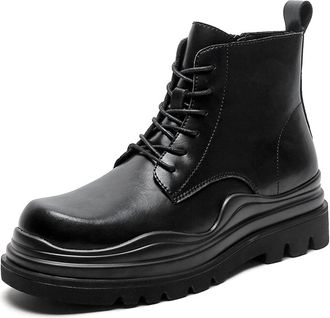 Generic Mens Ankle Boots Block Heel Waterproof Derby Hight Top Height Increasing Elevator Wavy Border Side Zip Cowhide Leather Fashion Casual Dress(Black,6.5 