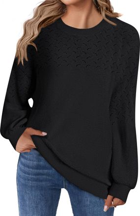Zeagoo Womens Jumper Casual Lantern Long Sleeve Crewneck Sweaters Solid Color Crochet Knit Loose Pullovers Tops Black XXL
