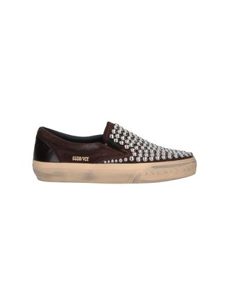 Golden Goose Dark Brown Slip-On Sneakers with Silver-Studded Design