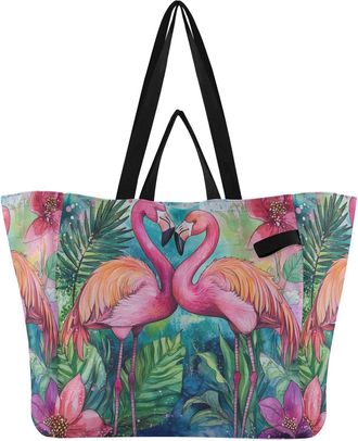 Generic Flamingo Pink Flowers print Reusable Canvas Tote Bag, Heavy Duty Grocery Shopping Bag with Large Capacity Hard Bottom Double Handles Work Groceries Tr