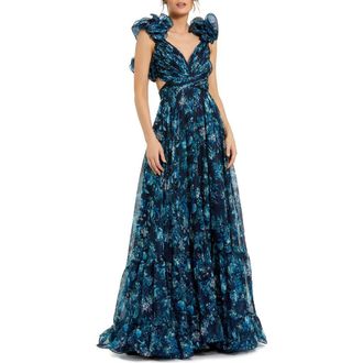 Mac Duggal Tiered Floral Cut-Out Chiffon Gown in Midnight Multi at Nordstrom, Size 14