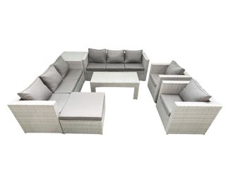 Fimous Outdoor Garden Furniture Rattan Sofa Set with 2 Armchairs Oblong Coffee Table Big Footstool Side Table Light Grey Mixed