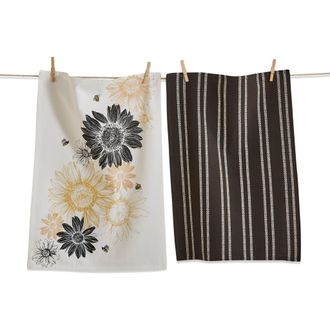Tag Set of 2 Black Yellow Sunflower Print Cotton Dishtowels in Beige at Nordstrom