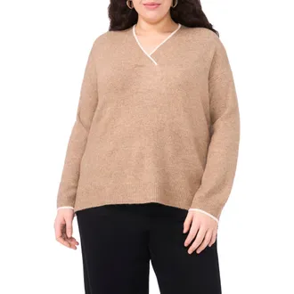 Vince Camuto Tipped Cross V-Neck Cozy Sweater in Taupe at Nordstrom Rack, Size 1X