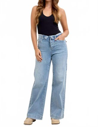 Judy Blue Mid Rise Retro Fold-Over Waistband Wide Leg Jeans In Blue
