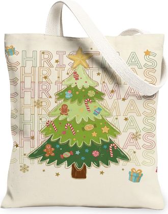 Generic Christmas Tree Canvas Tote Bags, Holiday Fun Plant Pattern Reusable Grocery Bags, Vintage Lightweight Washable Shoulder Str, Cream, 13x15 Inch