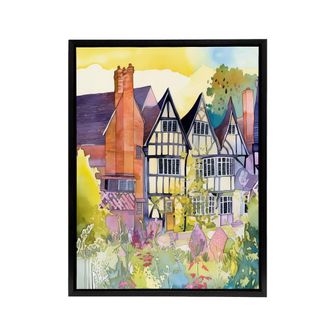 Artery8 Sunrise Over Tudor Houses Floral Framed Canvas Wall Art Print | Size: W24 x H32