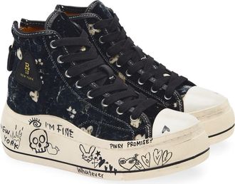 R13 Kurt Platform High Top Sneaker in Hearts On Black Graffiti at Nordstrom, Size 5