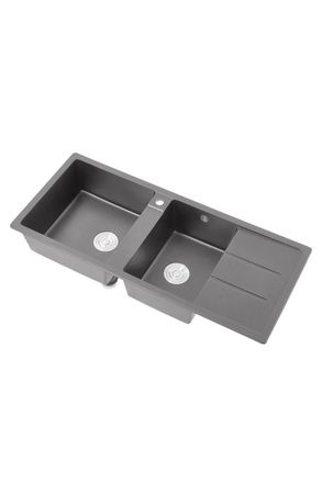 Living and Home Double Bowl Quartz Resin Composite Kitchen Sink with Waste Kit in Grey
