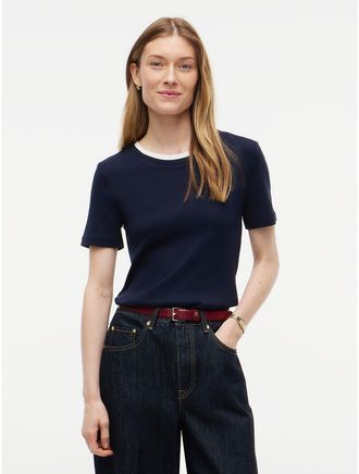 Tommy Hilfiger Womens Ribbed Contrast-Collar T-Shirt - Navy Blue - XXL