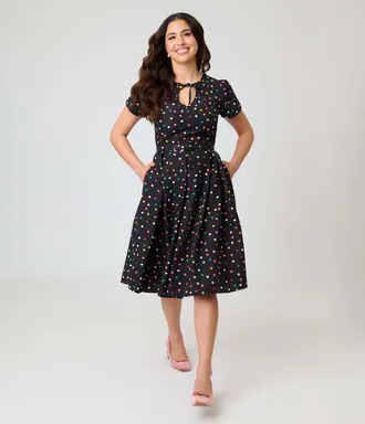 Unique Vintage Short Petal Sleeve Tie Neck Dahlia Swing Dress in Black Pin Dot at Nordstrom, Size X-Large