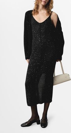 Mango Sequin Detail Knit Midi Dress in Black at Nordstrom, Size 6