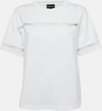 Emporio Armani White Cotton Logo Lace Trimmed T-Shirt
