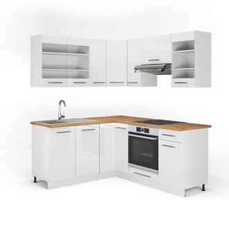 Vicco Cocina Esquinera Fame-line, Blanco Alto Brillo/blanco, 190 X 160 Cm, Et Roble, Vicco