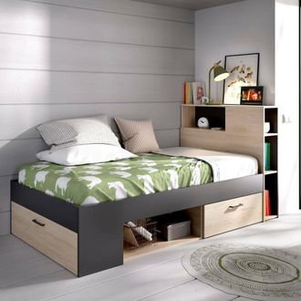 Dmora Dmora - Cama Infantil Cristallo, Cuna Para Dormitorio Con Cabecero, Estructura Para Cama Individual Con Caj&oacute;n Y Baldas, 218x99h96 Cm, Roble Y Antracit