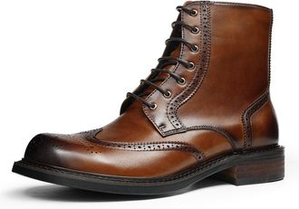 Generic Mens Leather Brogue Lace-Up Boots | Wingtip Ankle Dress Boots with Pigskin Lining for Business & Casual Wear,Brown,7.5 UK