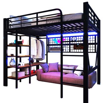 STILVORA Cama Alta 140 X 200 Cm Con Led Ajustable, Estante, Red De Almacenamiento Y Barra Para Ropa, Sin Colch&oacute;n, De Metal, Negro