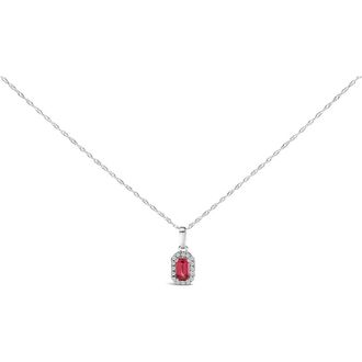 House of Brilliance 10K White Gold 5x3mm Birthstone and Diamond Accent Halo Octagonal Shape Pendant Necklace in Pink Tourmaline | White at Nordstrom