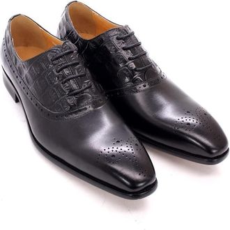 Generic Dress Oxford for Men Lace Up Brogue Embossed Crocodile Embossed Square Toe Cowhide Slip Resistant Rubber Sole Block Heel Business(5.5 UK) Black