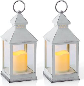 OEM Paquete De 2 Faroles Decorativos Blancos De Estilo Vintage Con Temporizador, Funcionan Con Pilas, Faroles Led Sin Parpadeo, Aptos Para Mesas De Interi