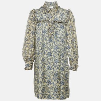 Sandro Cream Harmonie Print Silk Ruffle Mini Dress