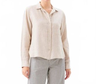 Karen Kane Long Sleeve Linen Button Up Shirt In Oatmeal