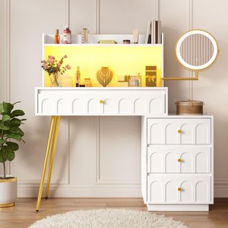 Urban Meuble Tocador blanco con espejo, puertas de cristal, LED y 4 cajones