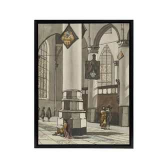 Artery8 Cornelis Ploos van Amstel Gothic Church Interior Framed Canvas Art in Grey | Size: W24 x H32