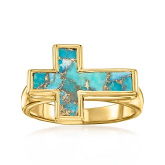 Ross-Simons Turquoise Sideways Cross Ring in 18kt Gold Over Sterling