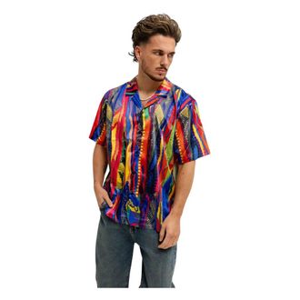 Carlo Colucci Shirt met gebreide print - Heren - Korte mouwen Overhemden - Veelkleurig - L - Polyester - Overhemden
