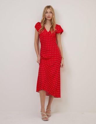 Nobody's Child Red Polka Dot V Neck Lina Midi Dress