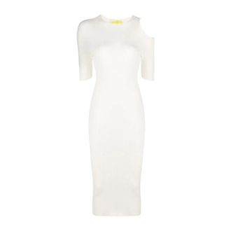 &Aacute;eron Beige Geribbelde Cut-Out Midi Jurk - Dames - Kleedjes - Wit - L - Kleedjes