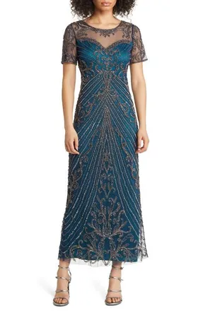 Pisarro Nights Illusion Beaded Mesh Column Gown in Cobalt 435 at Nordstrom, Size 10