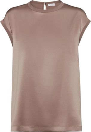 Brunello Cucinelli Overhemden, Dames, Beige, S, Taupe Crew Neck Shirt Korte Mouwen