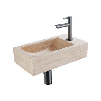 Saniclass Fuente Fonteinset - 40x22x10cm - kraangat rechts - fonteinkraan geborsteld gunmetal PVD - afvoerplug - verlaagd sifon - gemeleerd natuursteen