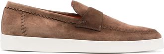 Santoni Brown Detailed Stitching Leather Loafers