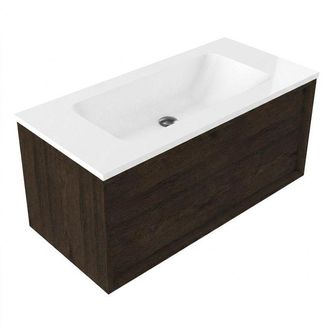 Saniclass Holz Frame Badkamermeubelset - 100x45x57.5cm - Torino solid surface wastafel wit - zonder kraangat - 1 lade - mat eiken charcoal (hout)