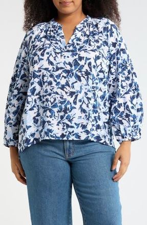 Caslon Floral Long Sleeve Popover Top in Navy- White Brushed Blooms at Nordstrom Rack, Size 3X