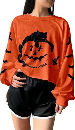 Generic Womens Pumpkin Cat Graphic Cropped Sweatshirt Fall Halloween Long Sleeve Pullover Spooky Season Jumpers