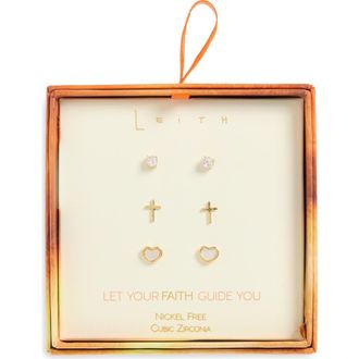 Leith Set of 3 Cubic Zirconia Faith Stud Earrings in Clear- Gold at Nordstrom Rack