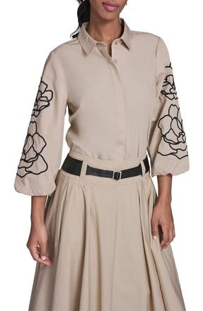 Karl Lagerfeld Floral Puff Sleeve Shirt in French Beige at Nordstrom, Size Medium