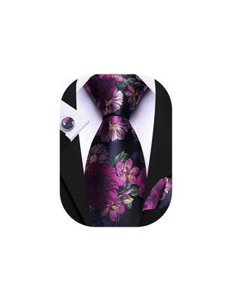 Barry.Wang Floral Tie Mens Purlple Blue Silk Necktie Pocket Square Cufflinks Set Wedding Wedding Prom
